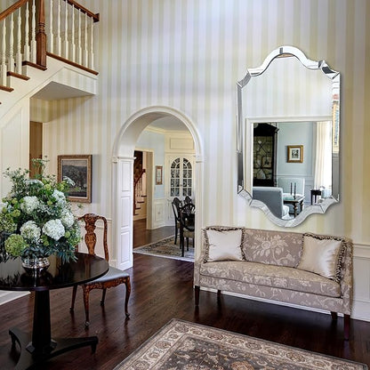Chende Arched Wall Mirror with Beveled Edge and Glass Frame, 28" x 40" Decorative Mirror for Decor Living Room, Bathroom, Dining Room, Bedroom, Horizontal/Vertical Hanging