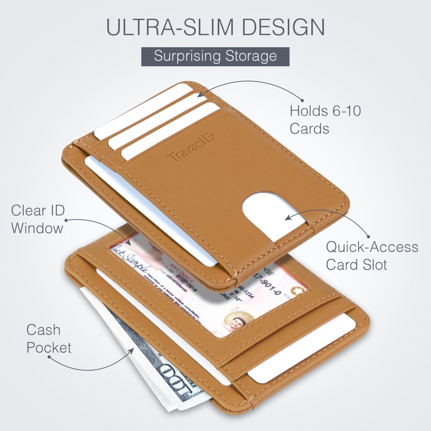 Travaci Full Grain Leather Slim Wallet for Men and Women - Small Minimalist Wallet and Leather Card Holder - Thin Front Pocket Credit Card Holder - Camel