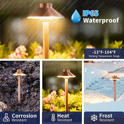 Gardenreet Low Voltage Landscape Path Light Solid Brass, 3 Color Temp Selectable LED Driveway Lights Waterproof, Hat Shaped 12V Wired Copper for Walkway Garden with 3W 270LM G4 Bulb (12 Pack)