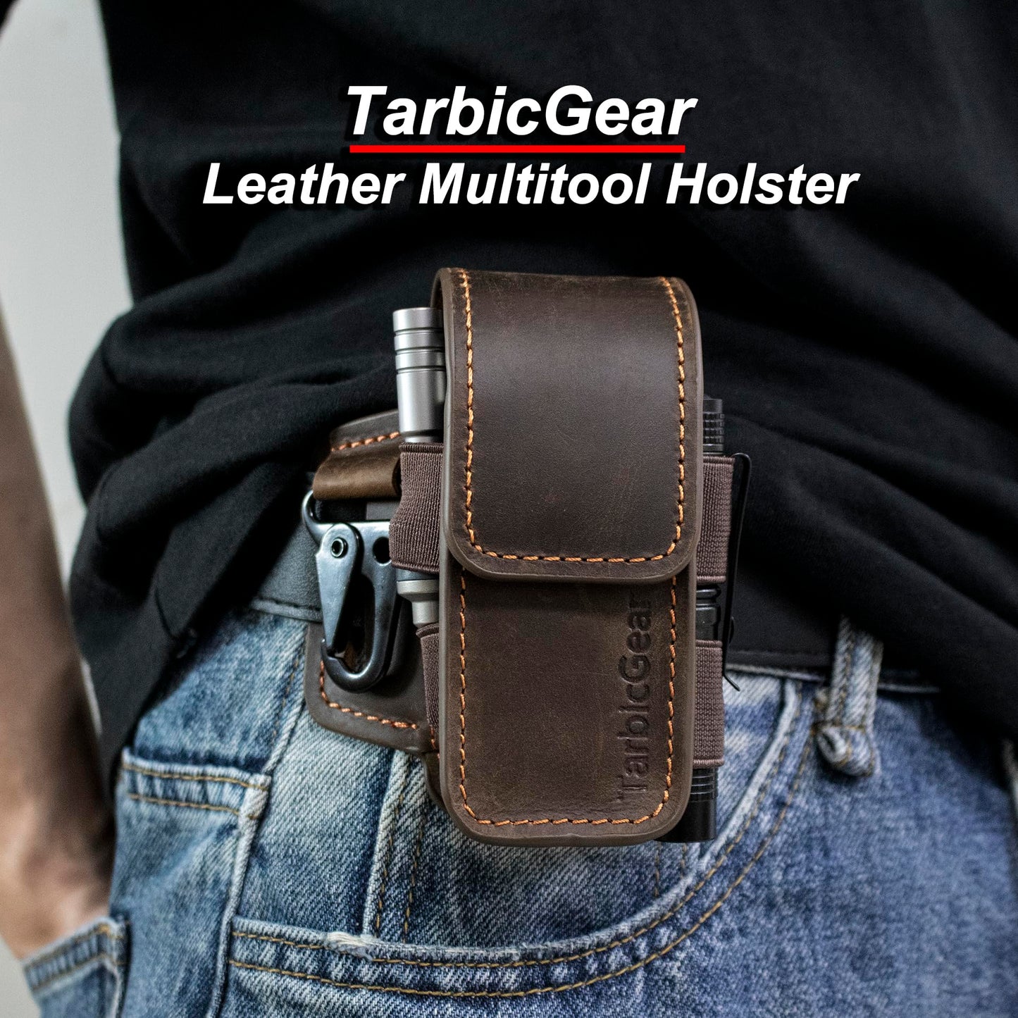 TarbicGear Leather Multitool Sheath for Belt, Multitool Holster with Belt Clip for Men, Pocket Organizer for Work, Fits for Leatherman, SOG, Gerber Tools, Dark Brown, Large