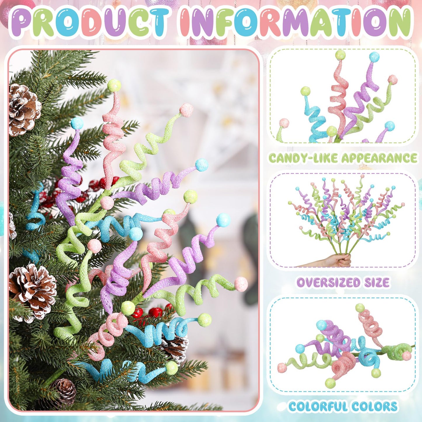 Vertintong 4 Pcs 16.5 inch Christmas Pastel Tree Picks Glitter Curly Spray Tree Topper Decorations Candy Cane Style Frosted Spiral Stems for Xmas Party Wreath Vase Garland Home Centerpieces