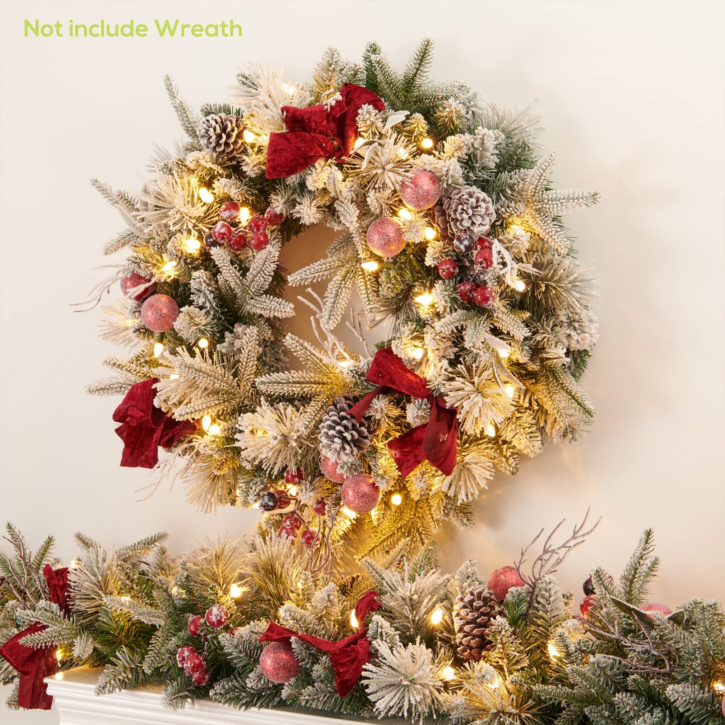 AMERZEST 9FT Pre-lit Flocked Snow Christmas Garland, Berries and Bows and 50 Lights, Plug in, Holiday Decoration Fireplace Stairs Mantle Door Indoor Outdoor