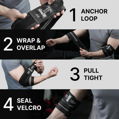DMoose Fitness Elbow Wraps for Weightlifting (Pair) - 40'' Adjustable Elbow Strap for Gym Workout & Bench Press, Compression Elbow Wraps for Tendonitis & Joint Support, Elbow Sleeve (White Stripes)