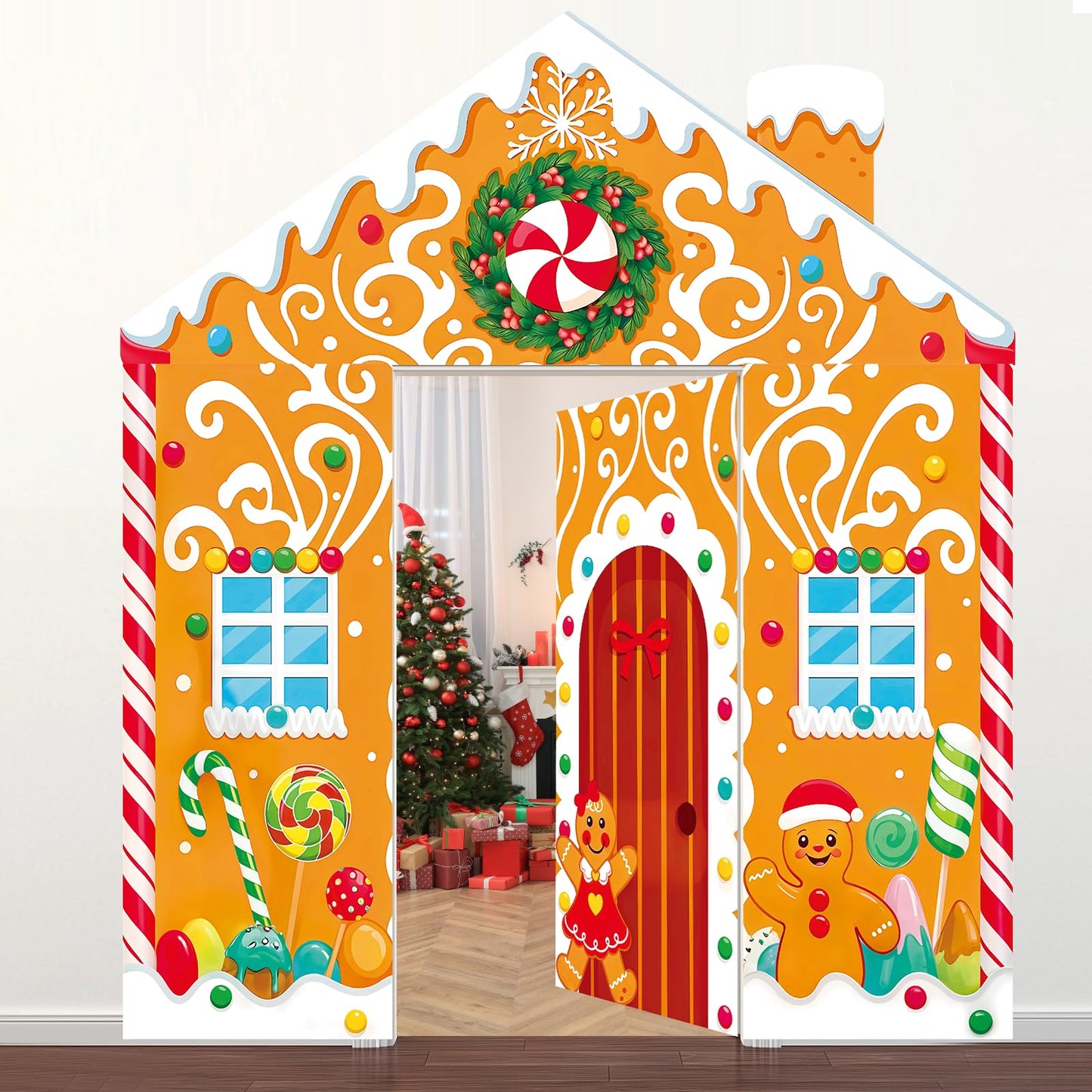 4Pcs Christmas Gingerbread Door Cover Decorations,Gingerbread House Candy Porch Banner Sign for Xmas Holiday Classroom Office Home Party Decor