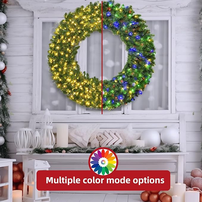 60in Large Christmas Wreath - HOYECHI Lighted Wreaths Holiday Decor, Outdoor Wreath with 300 Colorful LEDs, 930 PVC Tips, Metal Hook, 9 Functions, Timer, Power Plug-in, Remote Controls