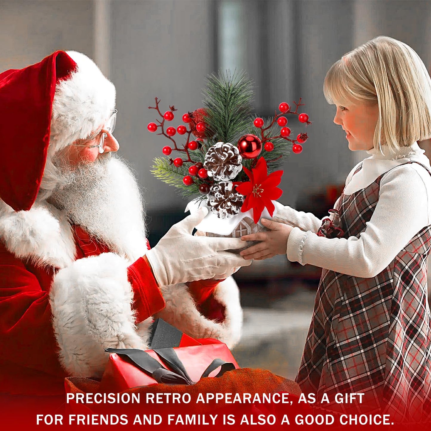 Small Christmas Tree Tabletop Artificial Mini Christmas Tree Decorations with Holiday Ornaments Red Berry Pine Cone Greenery for Home Indoor Fireplace Mantel Xmas Decor (Cabin-Red Flowers)