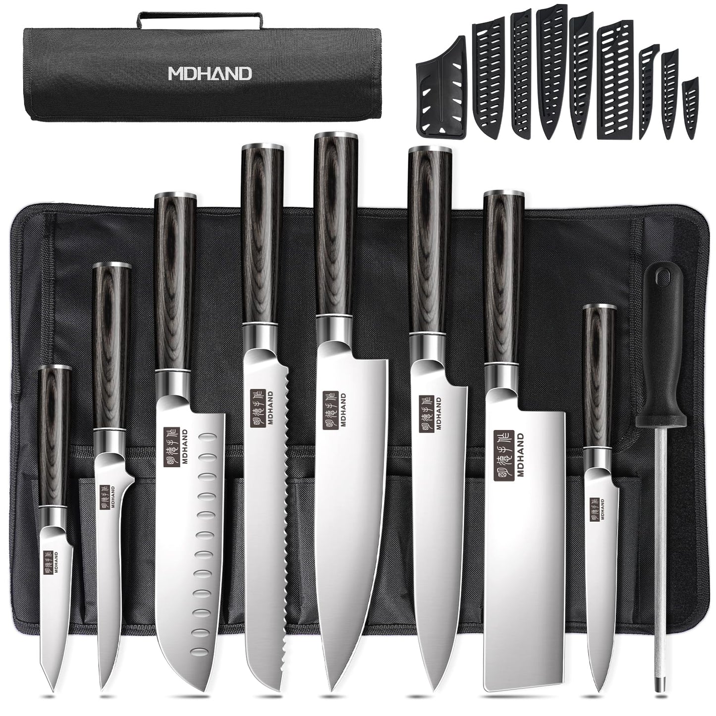 MDHAND Chef Knife Set with Roll Bag, 9PCS Professional Knife Sets with Sharpener, High Carbon Stainless Steel Japanese Kitchen Knives - Black Pakkawood Handle, Dishwasher Safe, For Cooking, Chef Gifts
