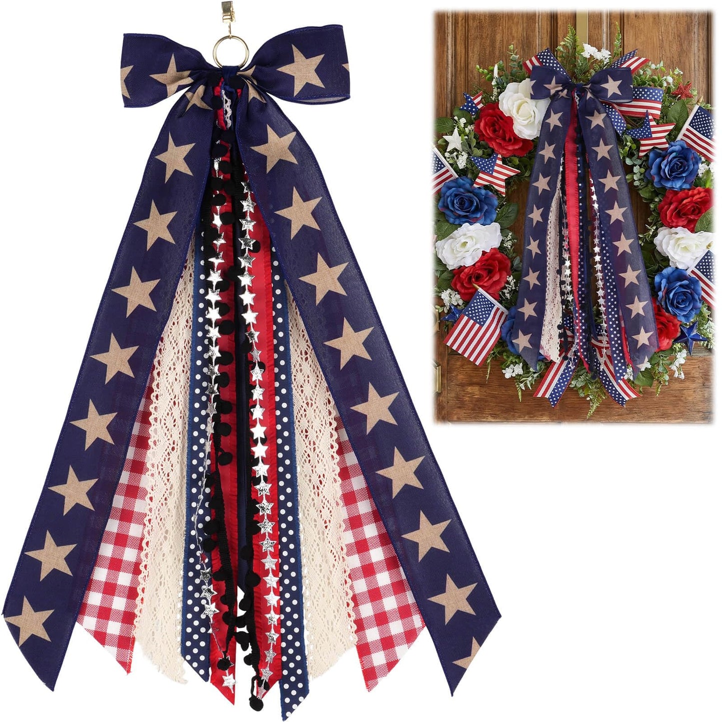Kutyndrix Large Patriotic Front Door Wreath Sash, 8-Ribbon Americana Star Bow with Metal Clip, Wired Edge Red White Blue Decor for Independence Memorial Day