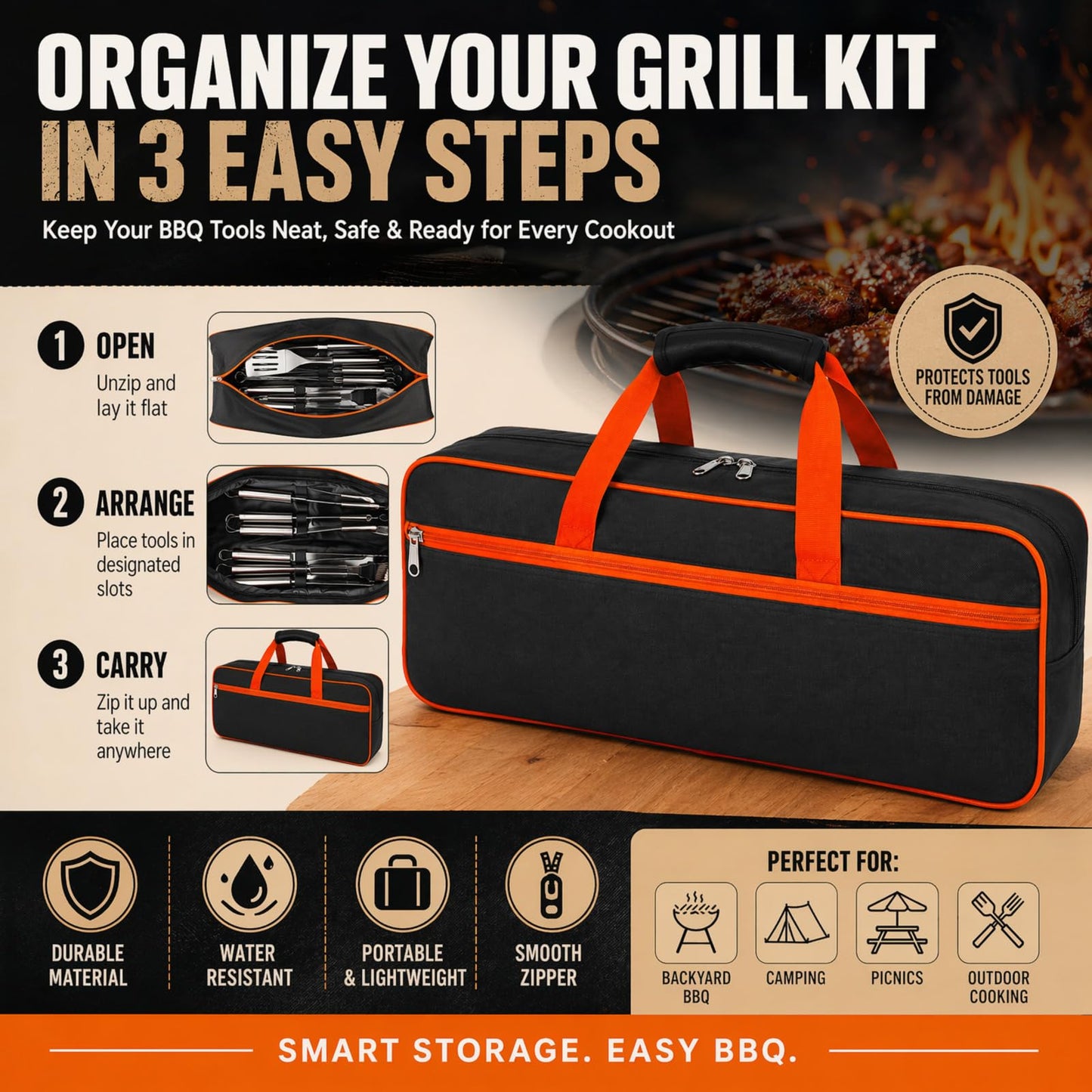 Grill Tool Storage Bag, Large Capacity Grill Accessory Storage for Outdoor Barbecue, Oxford Cloth Grilling Utensil Storager for Camping BBQ Enthusiasts (Only Bag Without Tools)