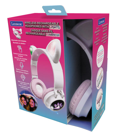 LEXiBOOK - 2-in-1 Wireless Rechargeable Headphones with Lights - Stereo Sound, Wireless Wired, Foldable, Adjustable, LED Lights - HPBTKT