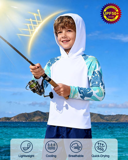 DRONIRING Boys Rash Guard Swim Hoodie, UPF 50+ UV Sun Protection Long Sleeve Fishing Shirt, Kids Youth SPF Water Shirts White-Blue