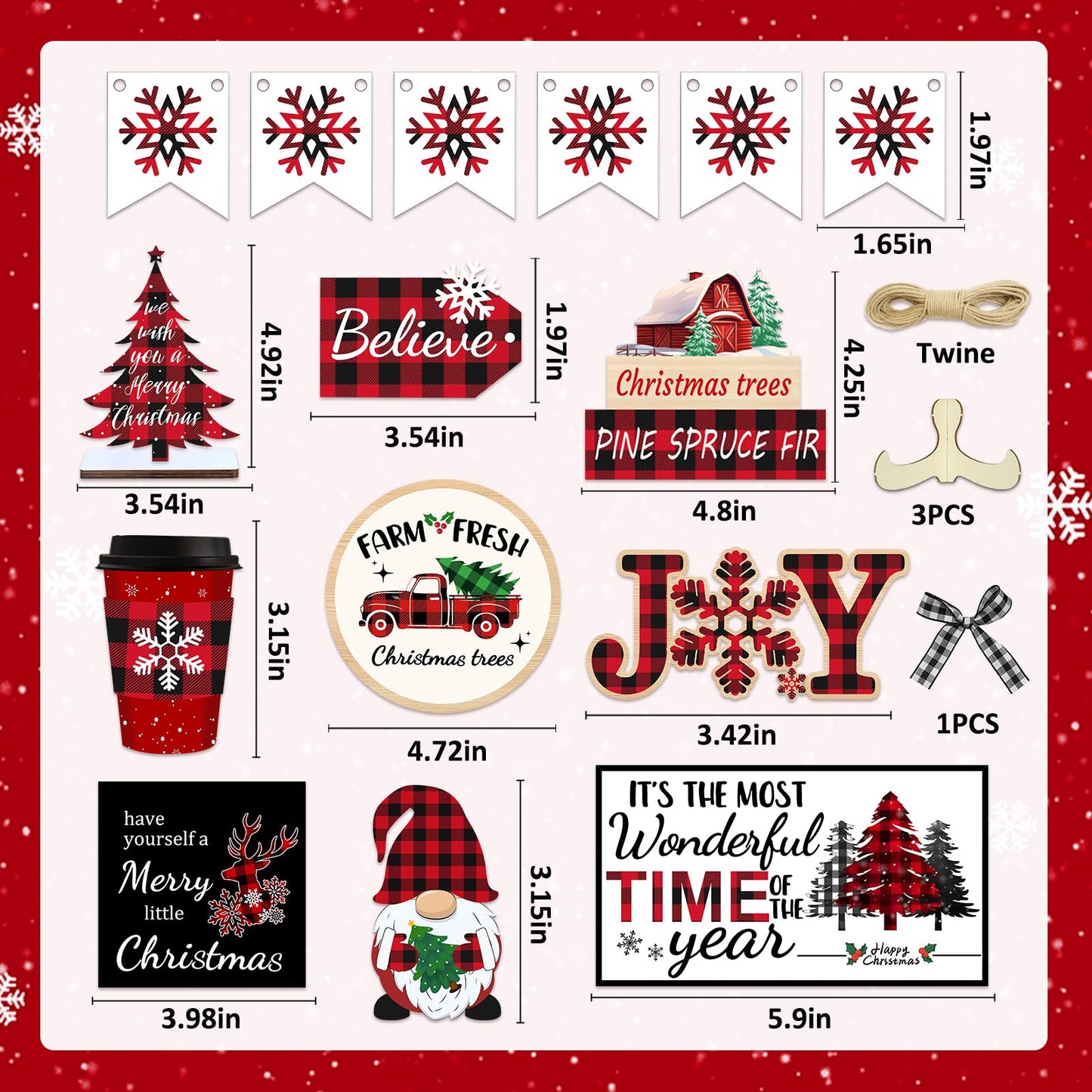 20 Pcs Christmas Tiered Tray Decor - Christmas Decorations Indoor Table Centerpieces Red and Black Buffalo Plaid Tray Decor with Snowflake, Xmas Tree, Gnome Wooden Signs for Home Shelf Decor