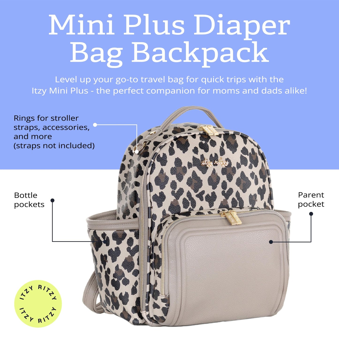 Itzy Ritzy Mini Diaper Bag Backpack – Chic, Compact Mini Plus Backpack with Changing Pad, 10 Pockets (6 Internal, 4 External), Grab-Top Handle & Rubber Feet (Leopard)