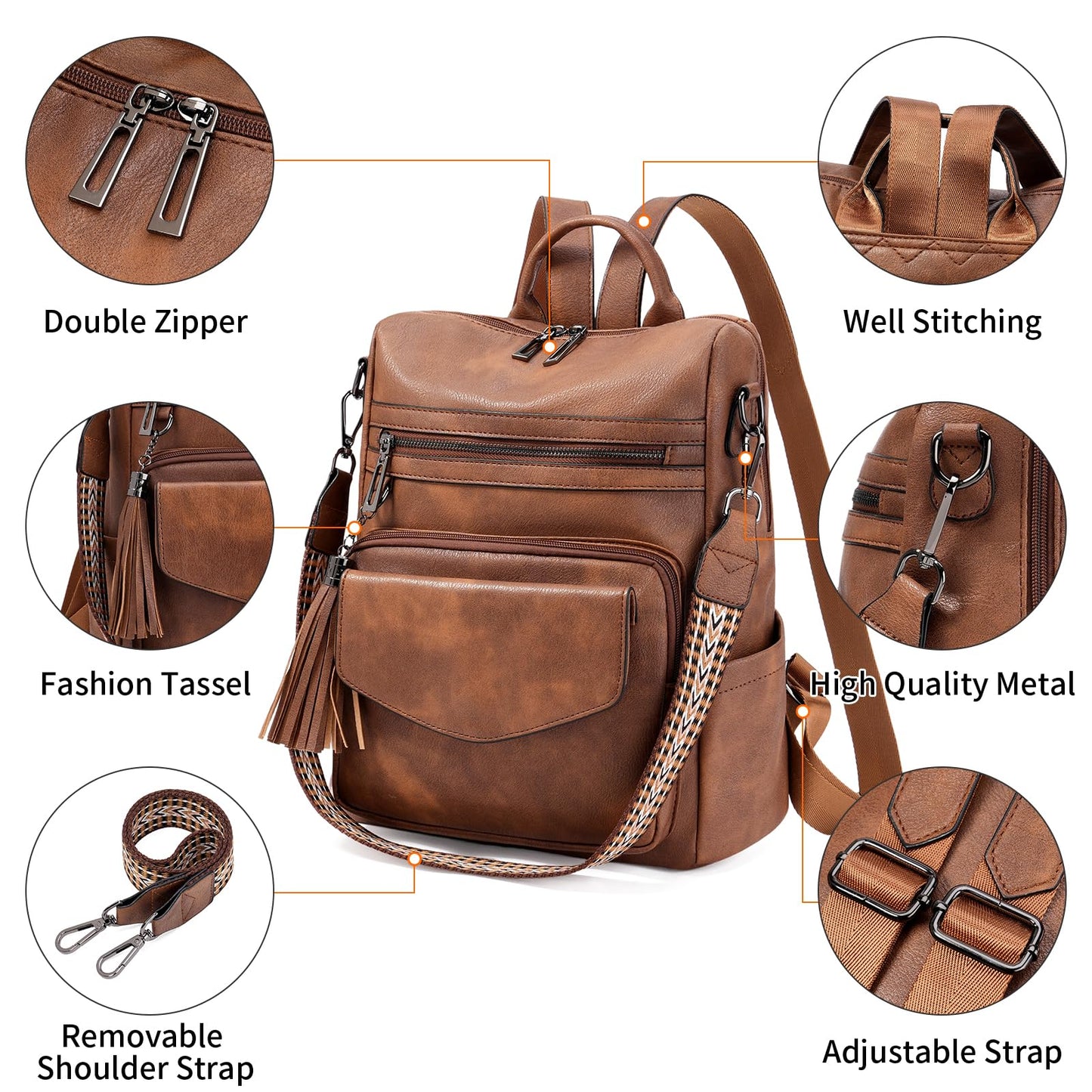GAEKEAO Backpack Purse for Women Fashion Leather Designer Travel Backpack Purses Convertible Shoulder Bag with Wristlet（Shiny Brown）