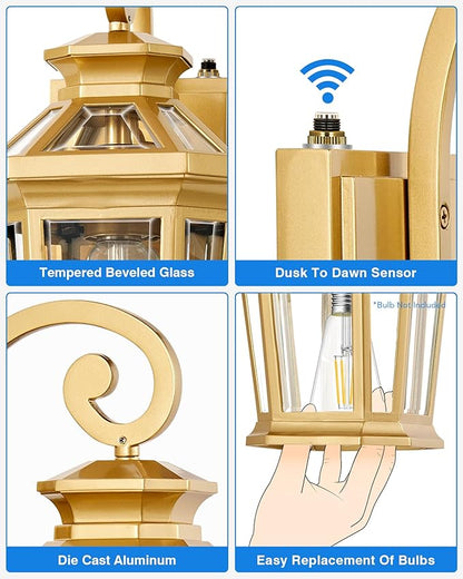 Outdoor Wall Lights Wall Mount, 2-Pack Dusk to Dawn Front Porch Light, Gold Modern Exterior Wall Sconce, Exterior Garage Lighting Fixtures, Weather Resistant Coach Lanterns Outdoor, Anti-Rust
