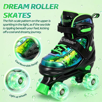 Nattork Kids Roller Skates for Girls Boys Kids 4 Size Adjustable Quad Skates with All Light up Wheels for Kids Beginners, Birthday Gift, Indoor Outdoor Sports patines para niñas