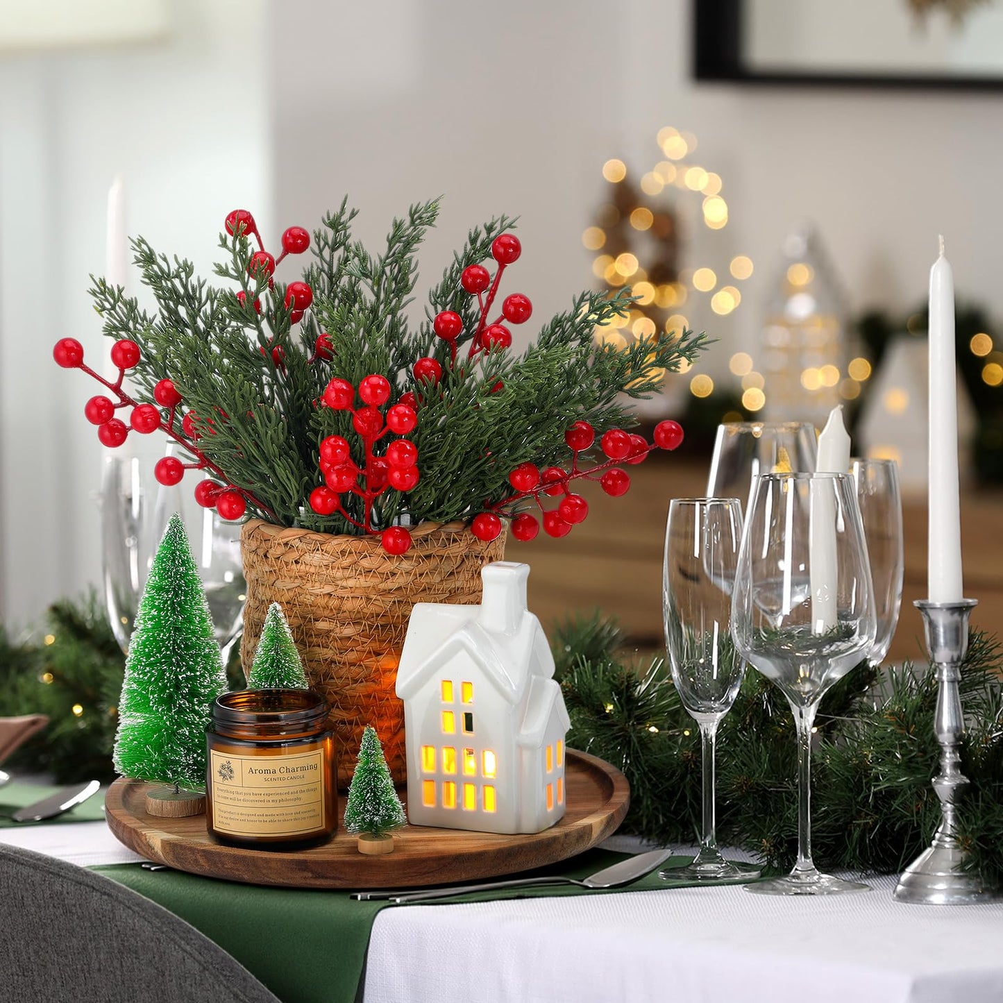 Pinkunn 25 Pcs Christmas Tray Decor Table Centerpieces with Round Wood Tray Scented Candles Ceramic Village House Mini Xmas Trees Pine Leaves Red Berries Rattan Flower Pot Xmas Decorative Set for Home