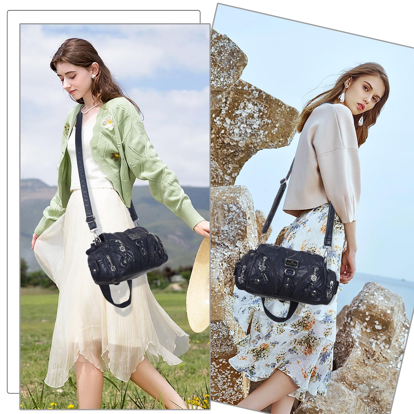 Angel Kiss Purses for Women Small Hobo Shoulder Bags Vagen Leather Multi-Pocket Tote Bag with Zipper (Blue)