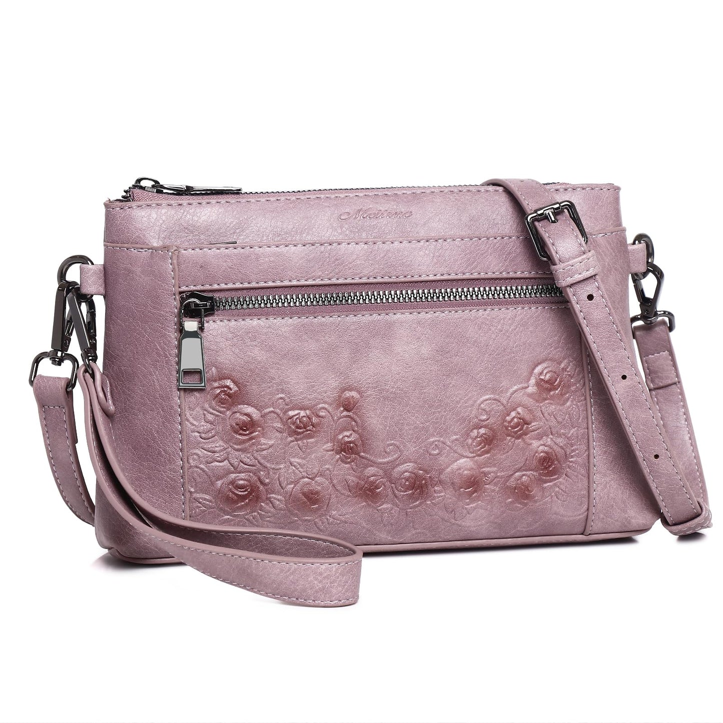 MEITRUE Wristlet Wallets Clutch Purses for Women - Rose Embossed Vegan Leather Small Crossbody Bag Mini Cell Phone Wallet Purse with Adjustable Strap & Card Pockets