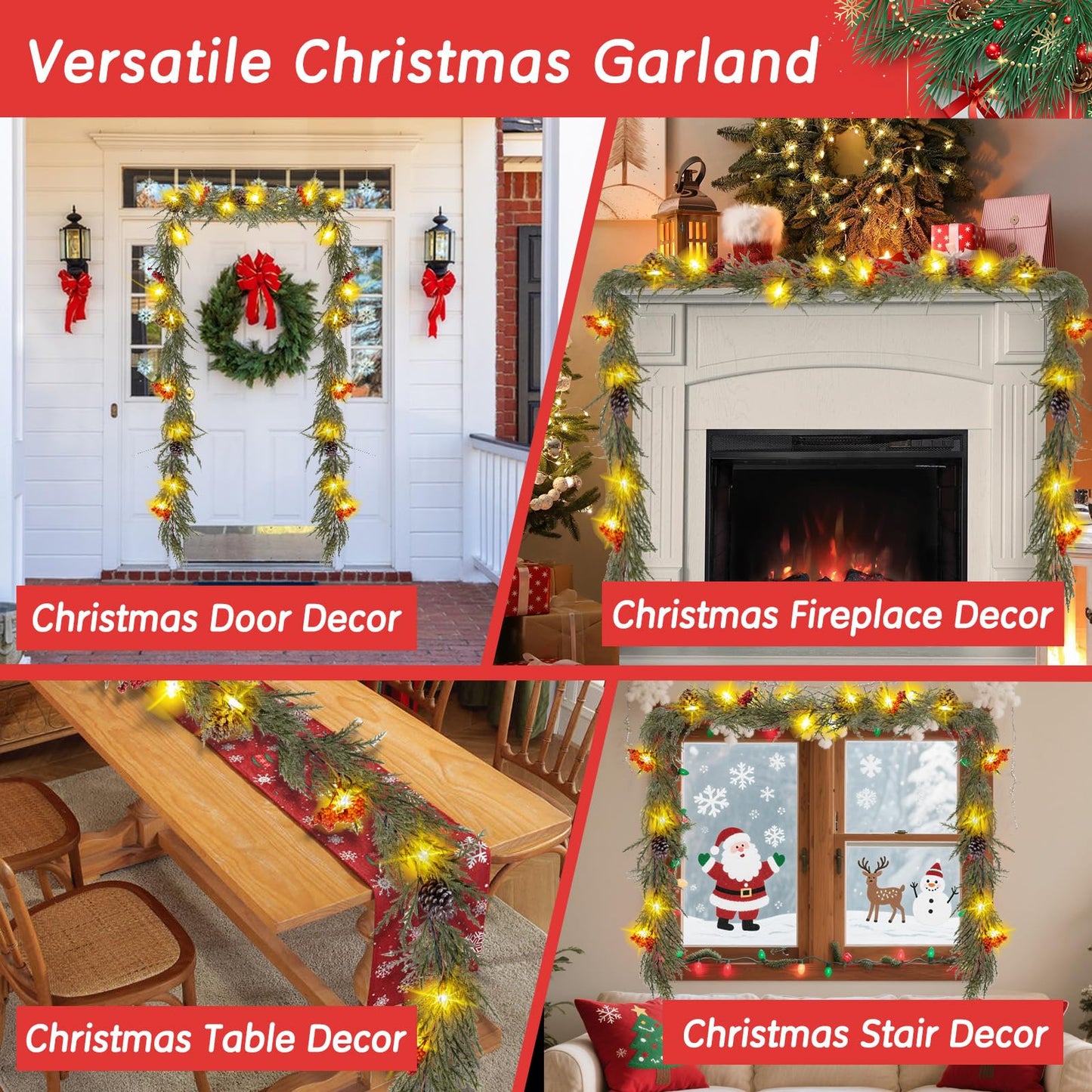 HUZIYAHAN Prelit Christmas Garland with Lights 9FT Christmas Tree Lighted Garland Outdoor Indoor Battery Operated Garland for Mantel Table Porch Stair Wall Winter Home Holiday Christmas Decorations