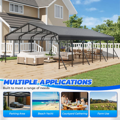 EROMMY 20x30 FT Heavy Duty Metal Carport with Reinforced Steel Braces & Galvanized Steel Roof and Frame, Sturdy Car Shed in All Weathers, Easy Assembly Car-Shelter for 2 Cars, SUV, Tractors and Boat