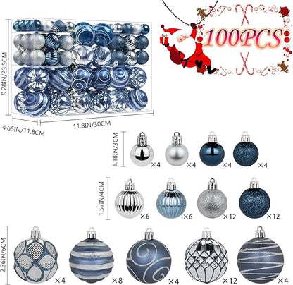 100Pcs Christmas Balls Ornaments Set, Shatterproof Christmas Decorations with Hand-held Gift Package for Xmas Tree/Holiday/Wedding/Holiday/Party Decor (Silver&Blue)