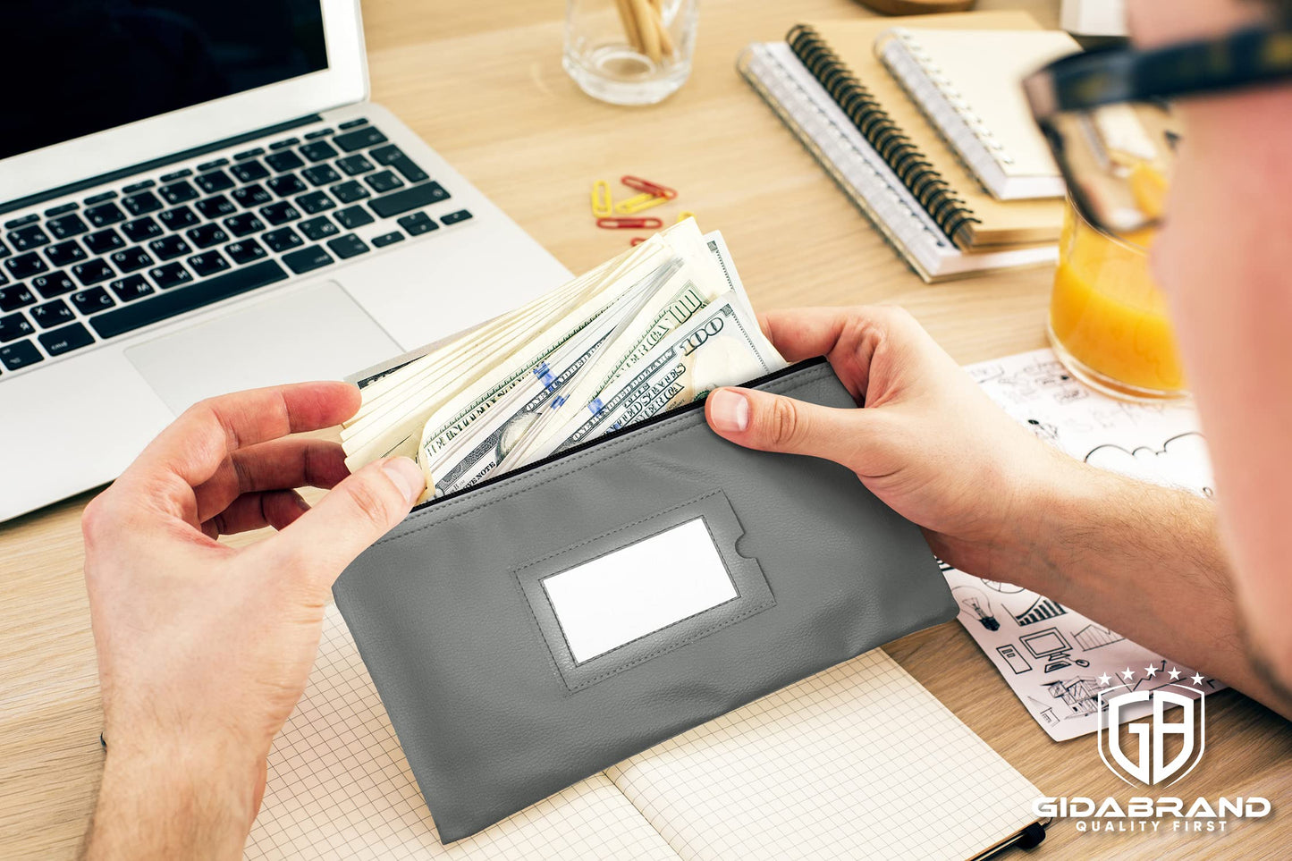 Money Bank Deposit Bag with Zipper | 11x6 inch | Grey | Durable Leatherette Money Cash Coin Check Wallet Pouch for Men & Women with Framed ID Window and Blank Card | by GIDABRAND (7)