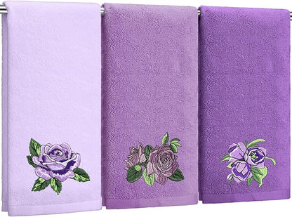 3 Pcs Purple Rose Hand Towels Lavender Purple Bathroom Decor Embroidered Floral