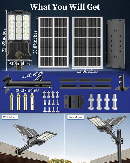 Gefolly SL-12000W Solar Street Light Outdoor 900000LM Wide Angle Commercial Parking Lot Lights Dusk to Dawn 6500K Flood Security Light IP67 Lamp for Basketball Court, Yard, Road