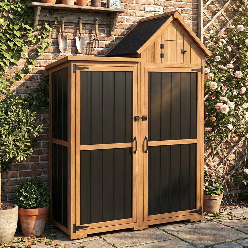 Outdoor Storage Cabinet Weatherproof with 3 Adjustable Shelves, 66'' H Wood & Metal Storage Shed with Lockable Doors & Waterproof Roof, Outside Garden Tool Sheds, Brown