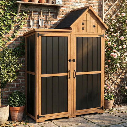 Outdoor Storage Cabinet Weatherproof with 3 Adjustable Shelves, 66'' H Wood & Metal Storage Shed with Lockable Doors & Waterproof Roof, Outside Garden Tool Sheds, Brown