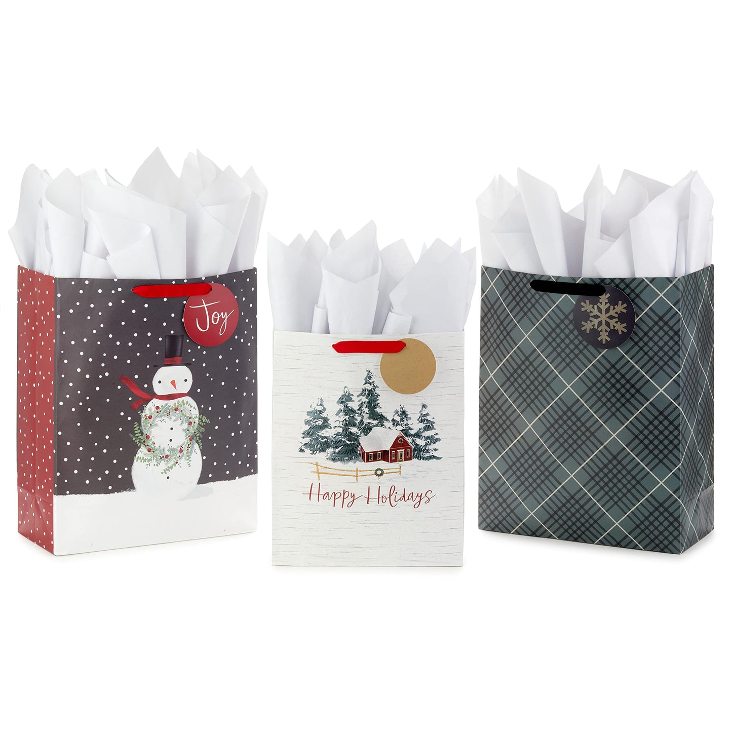 Hallmark Holiday Gift Bag Bundle with Tissue Paper and Gift Tags (3 Bags: 2 Extra Large 15", 1 Large 13") Gray Plaid, Snowy Farmhouse, Rustic Snowman