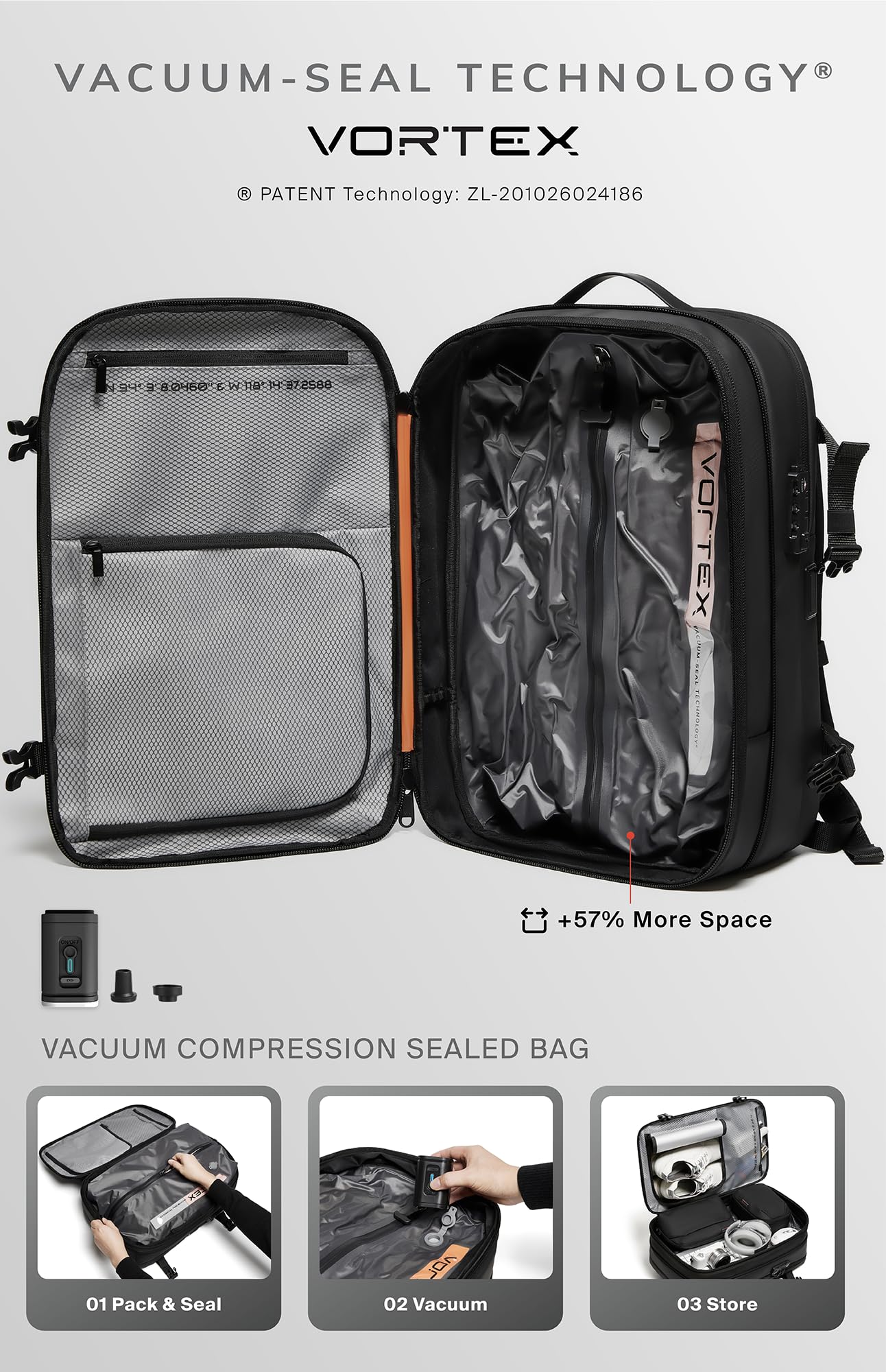 Vortex Vacuum Seal Travel Backpack 60L Exapandable Air Compression System Water Resistant TSA Lock Carry-On Suitcase Luggage Black AERO - Vacuum Pump Included
