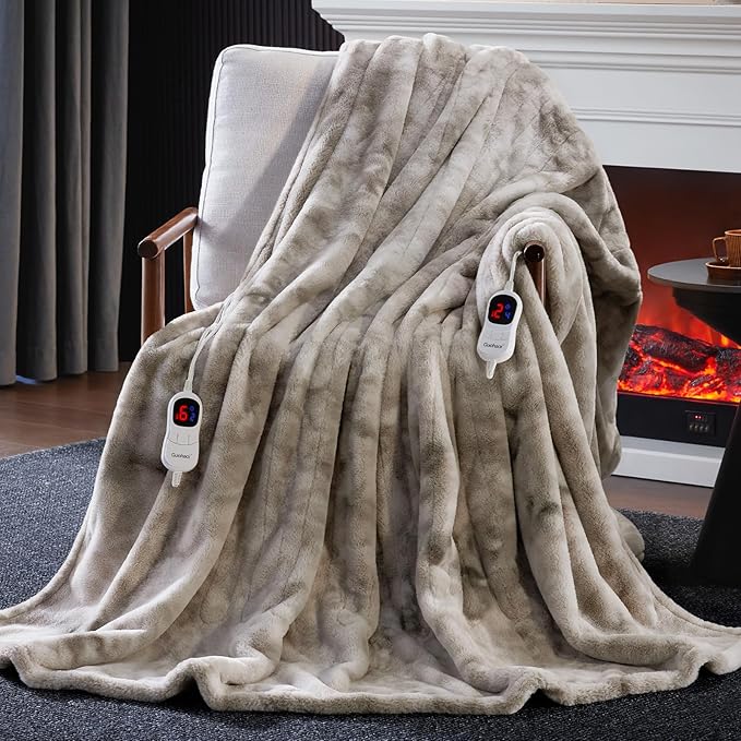Guohaoi Heated Blanket Electric Throw, Soft Faux Rabbit Fur Electric Blanket with 10 Heating Levels 5 Sitting Timer Auto Off, Cozy Warm Heating Blankets, Machine Washable(90"×100" Light Grey)