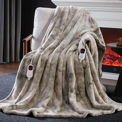 Guohaoi Heated Blanket Electric Throw, Soft Faux Rabbit Fur Electric Blanket with 10 Heating Levels 5 Sitting Timer Auto Off, Cozy Warm Heating Blankets, Machine Washable(90"×100" Light Grey)