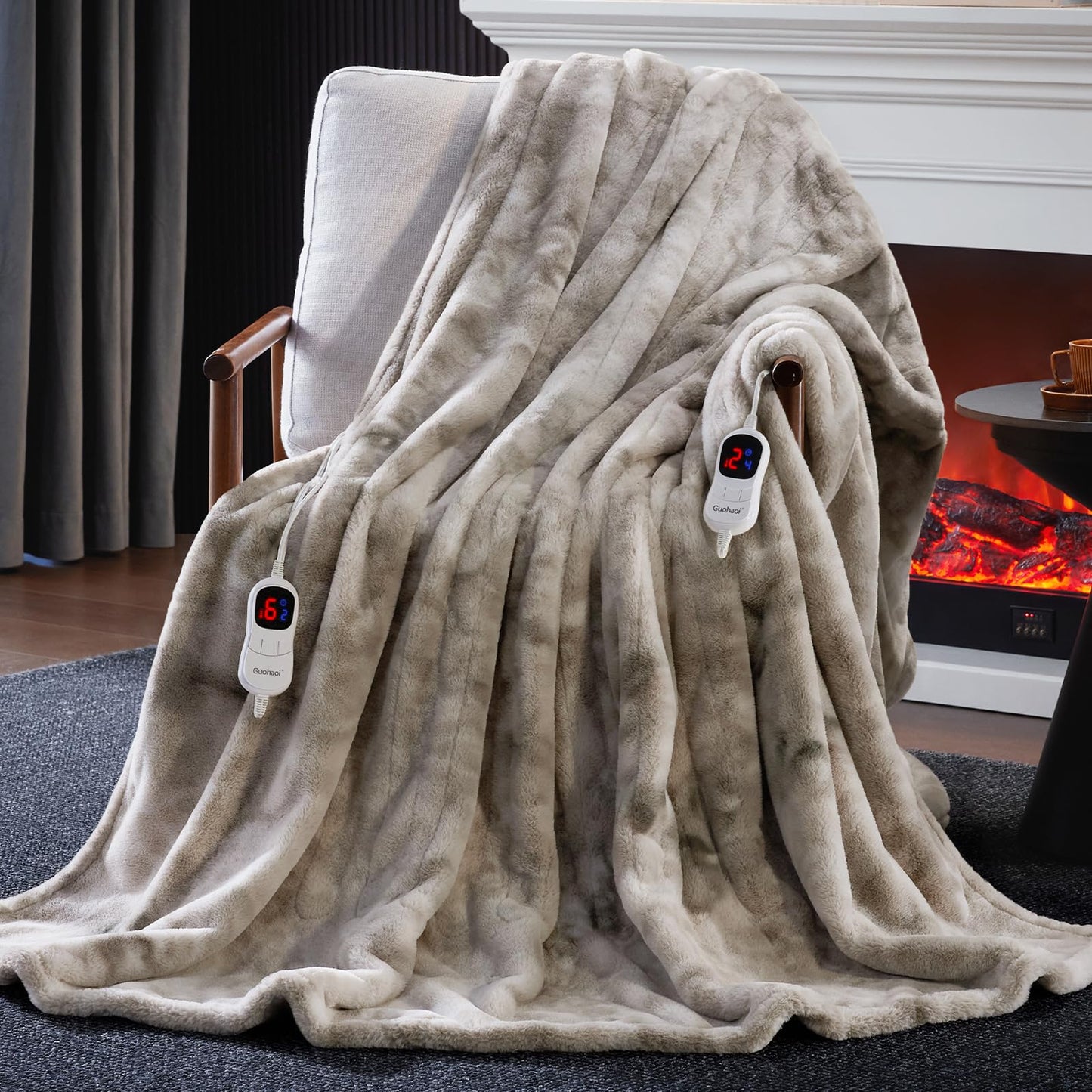 Guohaoi Heated Blanket Electric Throw, Soft Faux Rabbit Fur Electric Blanket with 10 Heating Levels 5 Sitting Timer Auto Off, Cozy Warm Heating Blankets, Machine Washable(50"×60" Beige)