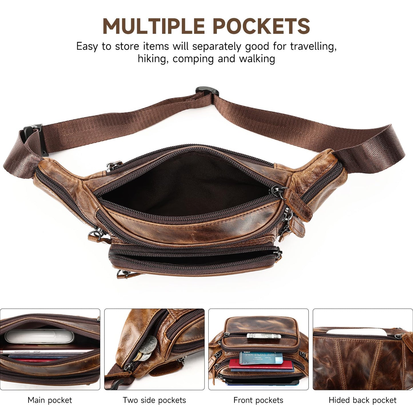 Genuine Leather Fanny Pack for Men Belt Bag Women Waist Purse Small Hiking Running Waist Pack for Phone Bum Hip Bags Shoulder Crossbody Bags