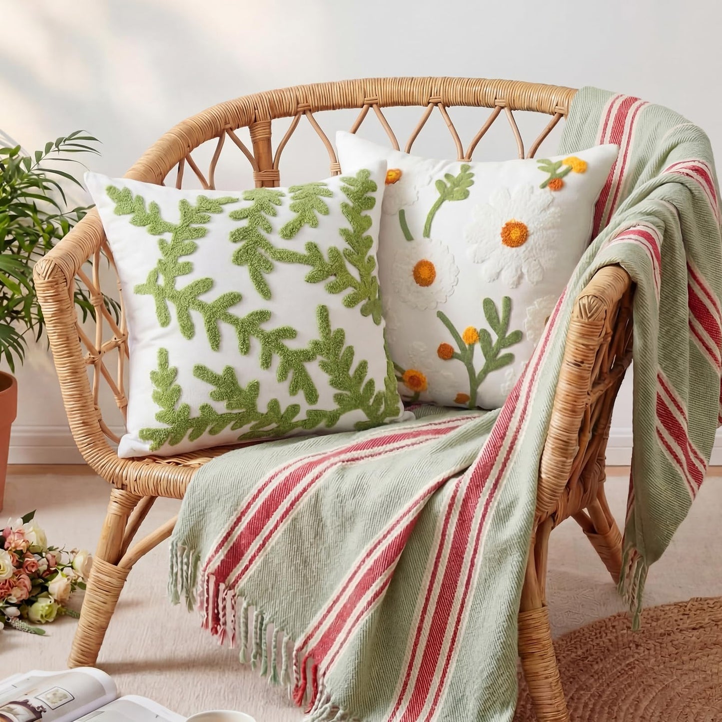 Fourluoo 4 Pcs Daisy Embroidered Throw Pillow Covers 18x18 Daisy Decorative Pillow Cover with Zipper Spring Floral Tufted Cushion Pillowcase for Bed Couch Sofa Living Room