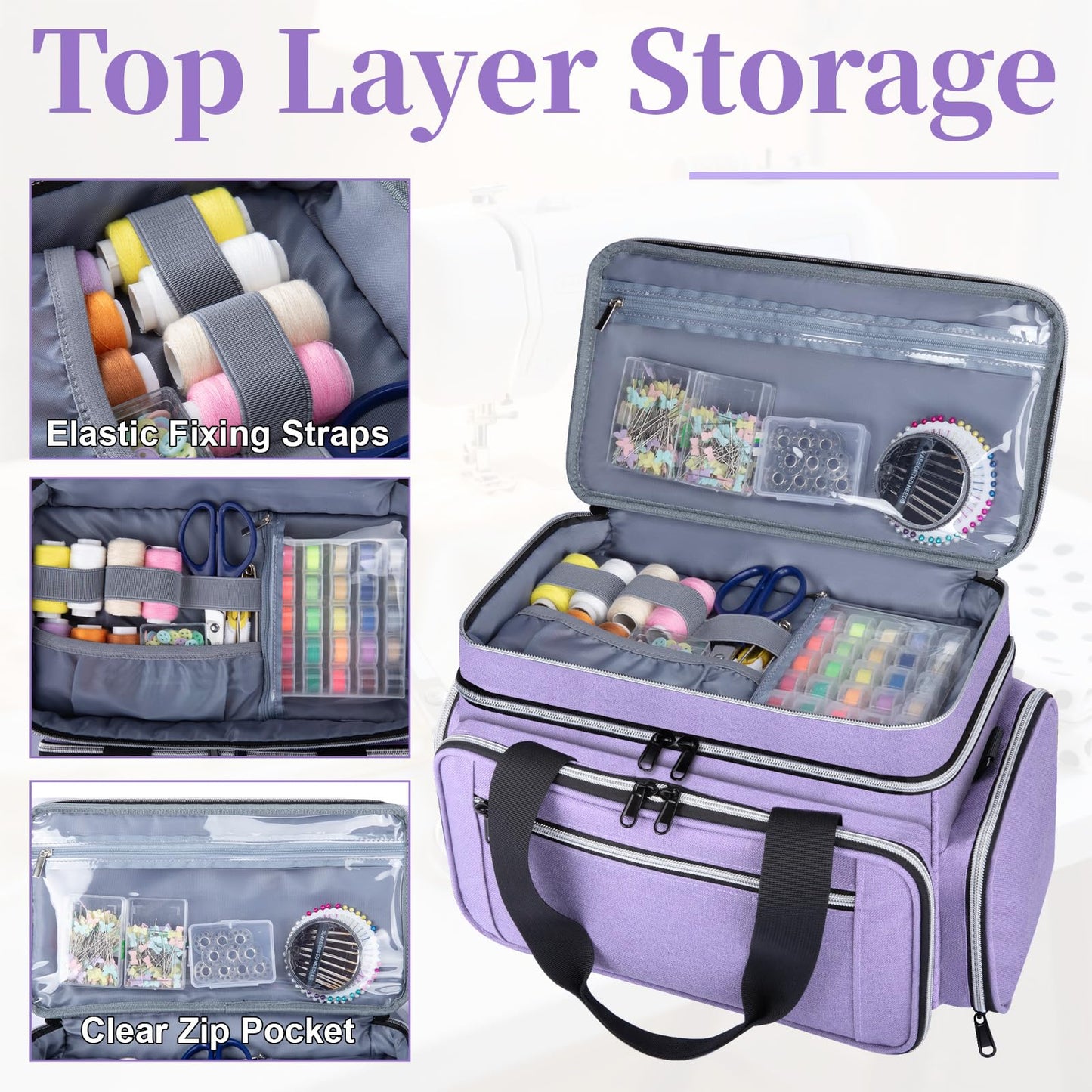 Anitor Large Sewing Supplies Organizer, Double Layer Sewing Storage Organizer with Two Detachable Dividers, Travel Sewing Bag Organizer with Shoulder Strap for Accessories, Pale Purple, (Bag Only)