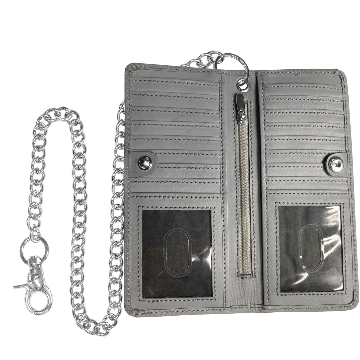 CLASSIC Motorcycle Chain Wallet for Men – Premium Cowhide Leather, RFID Bi-Fold Biker Wallet with Heavy Duty Chain for Bikers Truckers & Hunters, Credit Card Money Organizer Long Wallet Aniline Grey