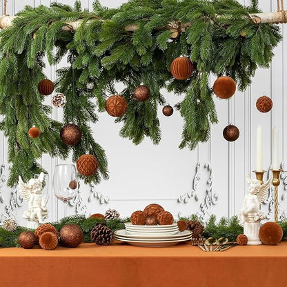 36Pcs Shatterproof Velvet Brown Christmas Ball Ornaments Set - 5 Styles in 3 Sizes (Small Medium Large) for Xmas Tree Decor, 2025 Festive Holiday Christmas Tree Decorations