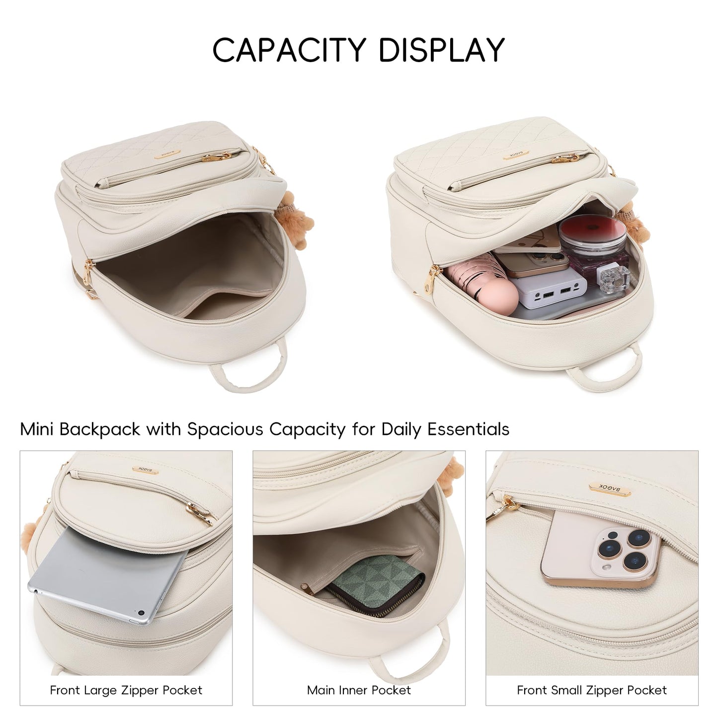 BAGOK Mini Leather Backpack Purse for Women, Small Backpack Purse with Cartoon Charm, Cute Fashion Bag for Girls