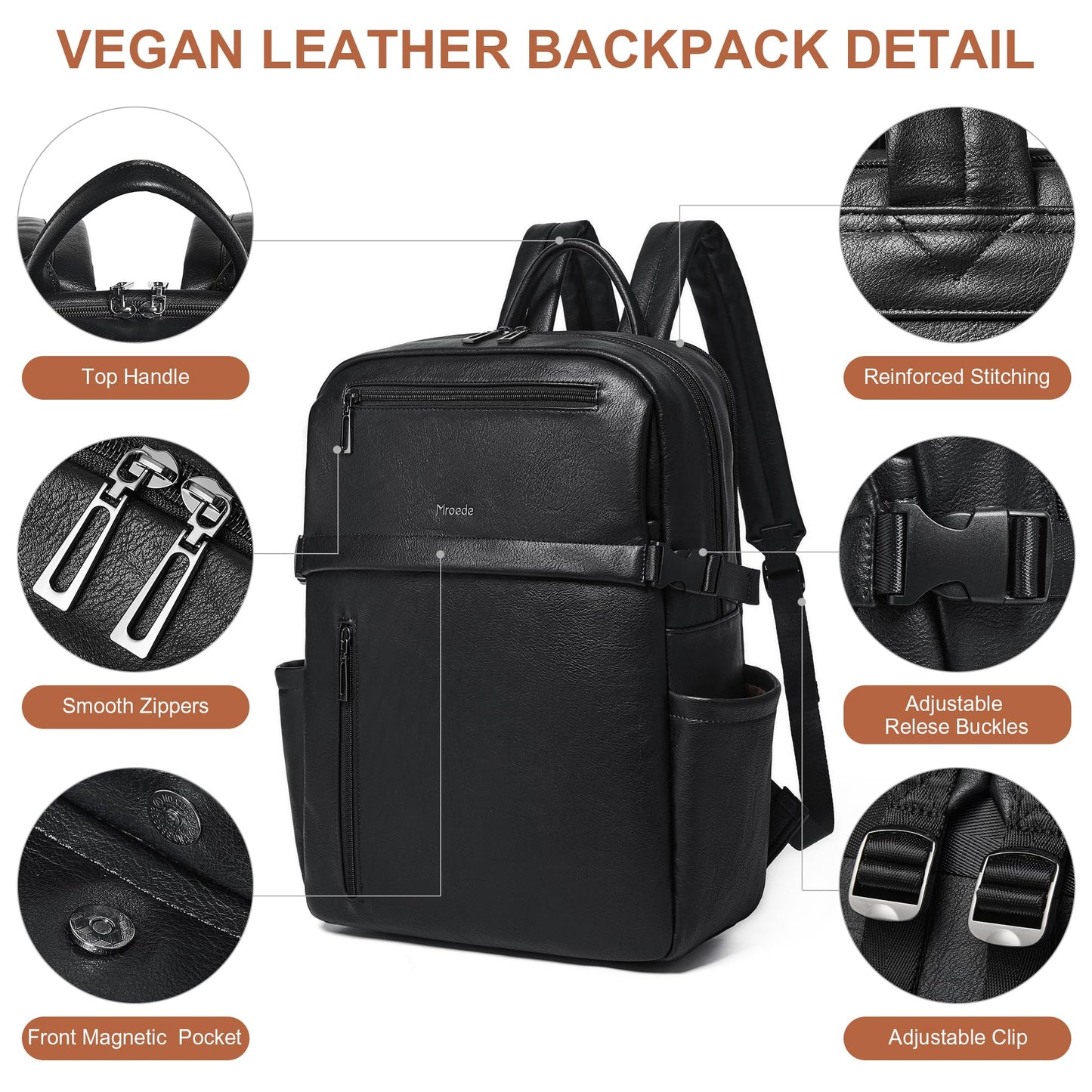 Mroede Leather Laptop Backpack for Women, 15.6 Inch Laptop Travel Backpack Purse Large Capacity Computer Bag, Casual Daypack Nurse Bag College Bookbag for School, Black