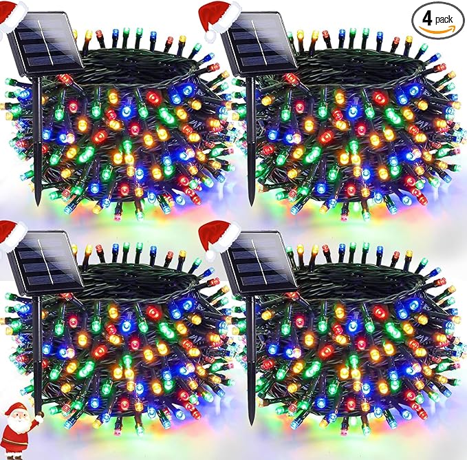 OZS 4 Pack 320LED Solar String Lights Outdoor, Waterproof 8 Modes Solar Tree Light, Green Wire Christmas Lights Outdoor for Garden, Party, Wedding, Christmas Decorations (Multicolor)