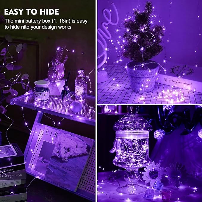 pozzolanas 24 Pack Purple Fairy Lights Battery Operated 3 Modes 7FT 20 LED Waterproof String Lights Twinkle Silver Wire for Mason Jars Wedding Christmas Halloween Party Decor (24, Purple)