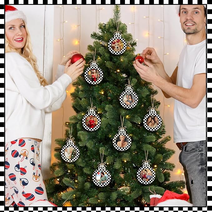 24 Pcs Christmas Pictures Frame Ornaments Bulk Black and White Photo Frames Ornaments Wooden Checkered Christmas to Put Pictures in Stocking Stuffers