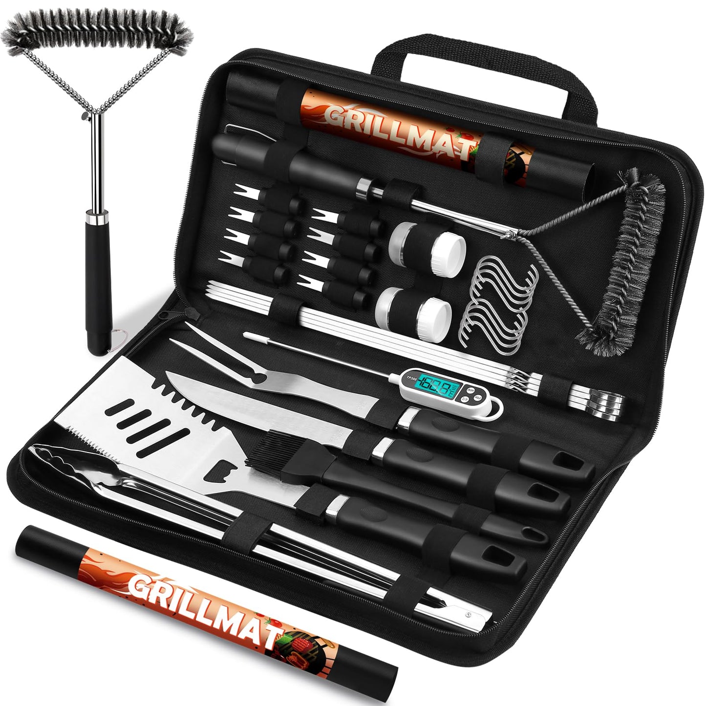 RINPIR 31pcs BBQ Grill Accessories Gifts for Men Dad, Heavy Duty Grilling Tools Gift Set for Father's Day, Stainless Steel BBQ Utensils Kit with Mats, Grill Brush in Carrying Bag Black