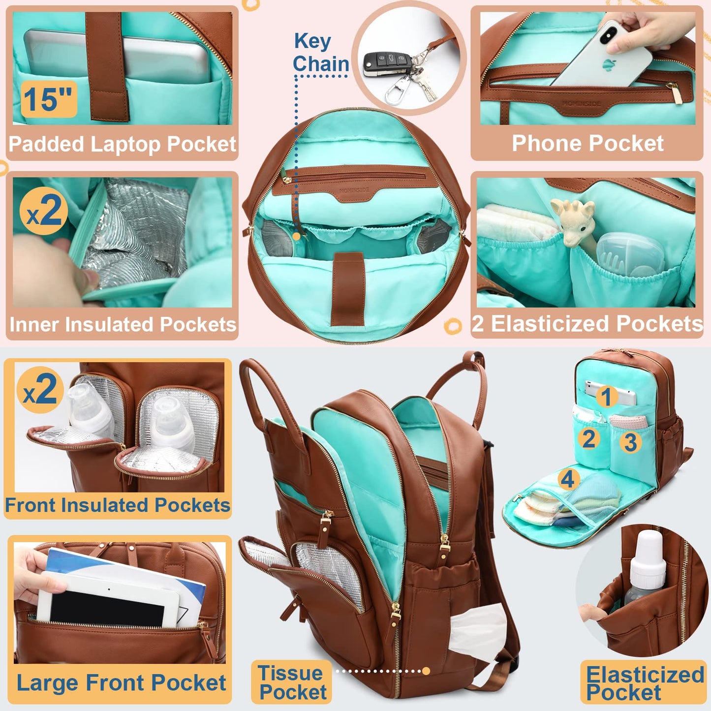 MOMINSIDE Diaper Bag Backpack, Leather Baby Bag with 18 Pockets, Diaper Backpack for Women Mom, Travel Baby Bag for Girl Boy, Large Wet Pocket, 4 Insulated Pockets, Stroller Straps, Brown