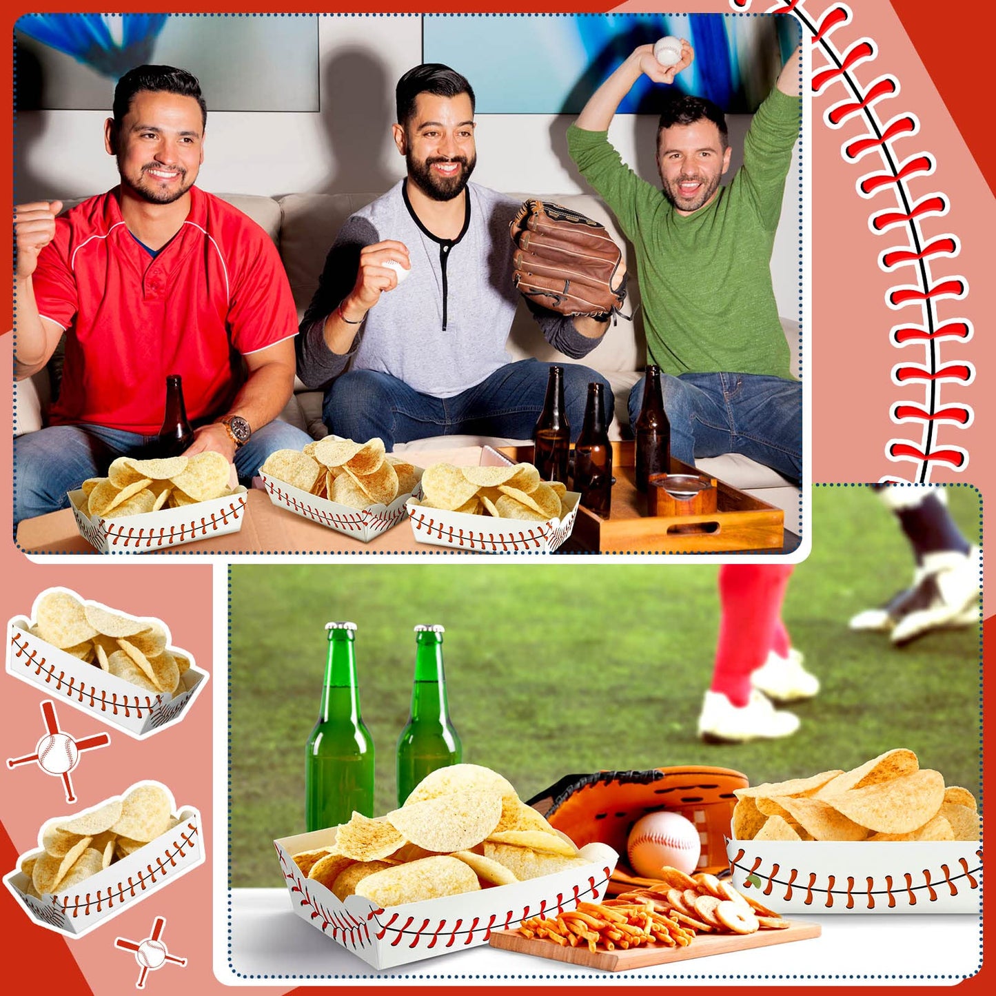 Cunhill 60 Pack Baseball Party Supplies Set Baseball Birthday Decorations Disposable Paper Food Serving Tray Boats Tray for Concession Food, Condiment, Carnivals