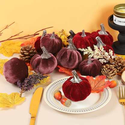 Lcuasc 12pcs Velvet Fake Pumpkins Fall Decor Faux Small Foam Fabric Pumpkin for Autumn Table Centerpiece Party Farmhouse Harvest Thanksgiving (Burgundy/Mulberry)